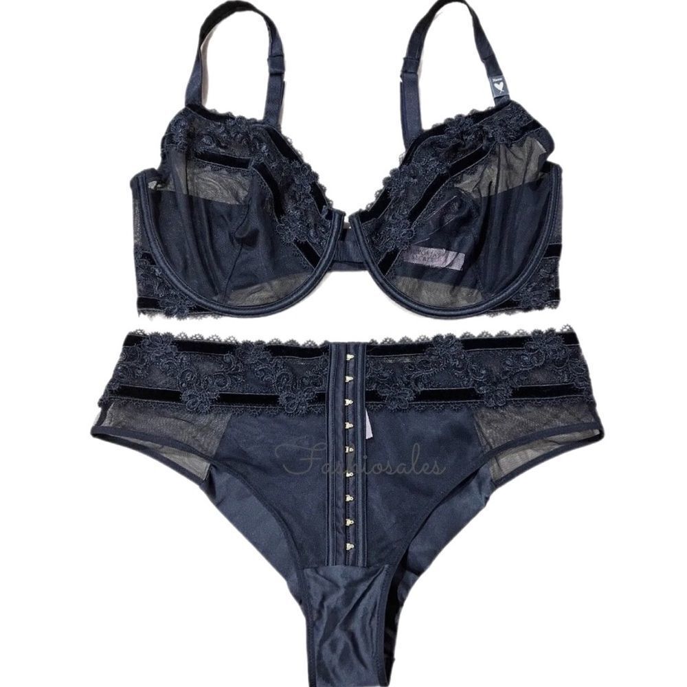 Victoria’s Secret LUXE Sexy Mesh Lace Velvet Unlined Demi bra & Cheeky 36DDD / L